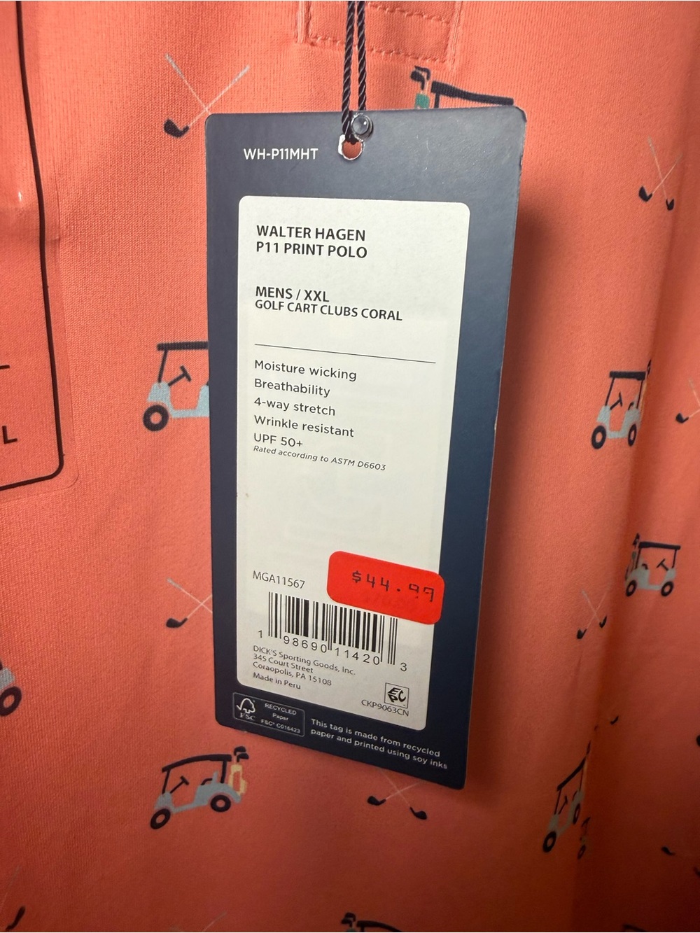 Walter Hagen Coral Short-Sleeve Polo with Golf Cart Print